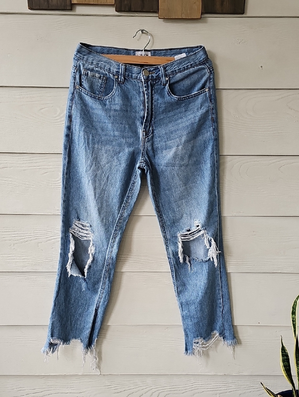 Light Blue Distressed Boyfriend Jeans with Frayed Hem - Picture 4 of 10